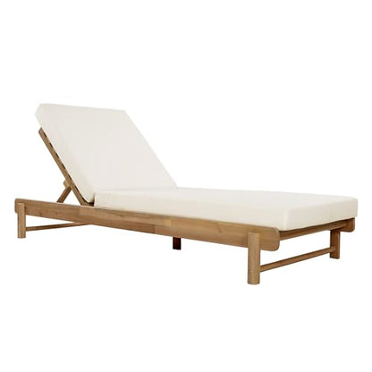 Christopher Knight Home Lara Outdoor Chaise Lounge with 4" Water-Resistant Cushion, Acacia Wood Recliner Chair Frame with Slatted Design, Patio Lounger with Adjustable Backrest, Light Teak+Cream