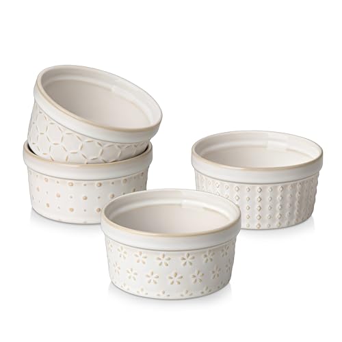 MALACASA Ramekins 6 Oz Oven Safe, Ceramic Creme Brulee Souffle Dishes, Pudding Custard Cups Ramekin For Baking, Small Dipping Sauce Bowls, Set of 4, Microwave and Dishwasher Safe, Arctic White