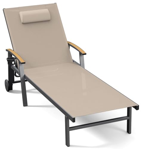 Ciokea Outdoor Lounge Chair with Pillow, 5-Position Aluminum Chaise Lounge with Wheels & Armrests, 400 lbs Heavy Duty Patio Pool Chair for Deck, Backyard, Beach & Poolside, Khaki