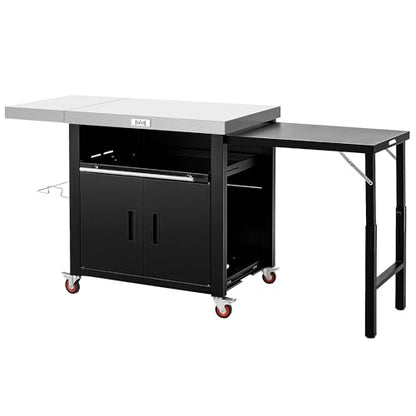 Outdoor Kitchen Island with Cabinet, Outdoor Grill Table with Stainless Steel Top for Pizza Oven& Griddles, Movable Bar Cart with Pull-Out Plate for Parties& Gathering, Heavy-Duty, L74”x W24”