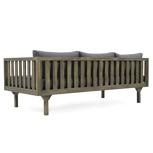 Christopher Knight Home Claremont Outdoor 3 Seater Acacia Wood Daybed with Fabric Water Resistant and Removable Cushions, Patio Garden Sofa with Slat Paneling Armrest and Back, Grey and Dark Grey