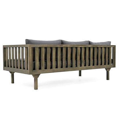 Christopher Knight Home Claremont Outdoor 3 Seater Acacia Wood Daybed with Fabric Water Resistant and Removable Cushions, Patio Garden Sofa with Slat Paneling Armrest and Back, Grey and Dark Grey