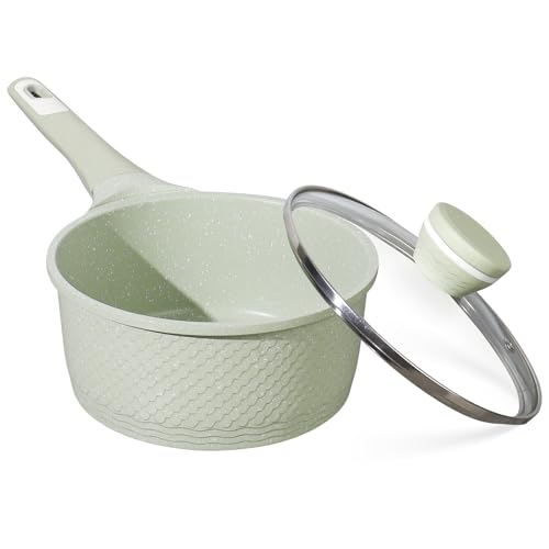 Xuanying Sauce pan 2.0Qt SaucePan with Lid, Non Stick Sauce Pot for Cooking, Easy to Clean, Cooking all stovetop 100% Free PFOA PFAS - Green Granite