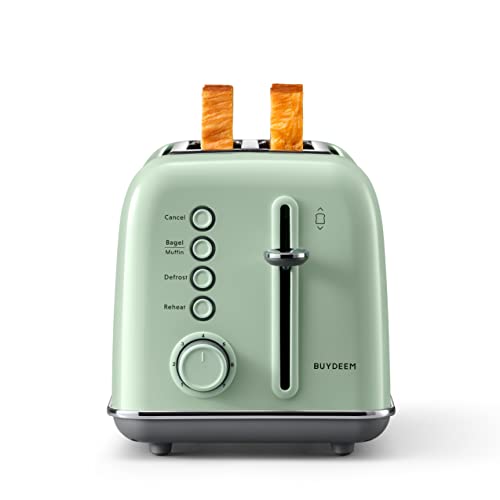 BUYDEEM DT620 2-Slice Toaster, 7 Shade Settings, Extra Wide 1.5'' Slots for Bagel & English Muffin, 6 Toasting Functions, Retro Stainless Steel Toaster with High Lift Lever, Cozy Greenish