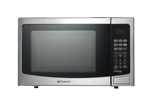 Emerson 1.2 Cu. Ft. Microwave Oven with Inverter, Timer & LED Display, 1000W, 10 Power Levels, 8 Pre-Programmed Settings, Removable Glass Turntable with Child Safe Lock, MWI1212SS, Stainless Steel