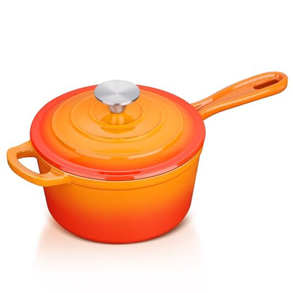 Enameled Cast Iron Sauce Pan with Lid, Leonyo 1 Quart Saucepan with Lid, Small Cast Iron Dutch Oven Kitchen Cookware Pot for All Cooktops Making Pasta, Soup, Milk - Up to 500°F & 4.4Lbs, Orange