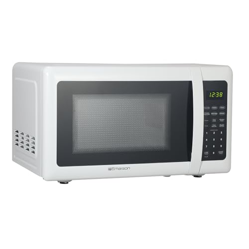 Emerson MW7302W Compact Countertop Microwave Oven with Touch Control, LED Display, 700W, 10 Power Levels, 6 Auto Menus, Glass Turntable and Child Safe Lock, 0.7 Cu., Ft. White