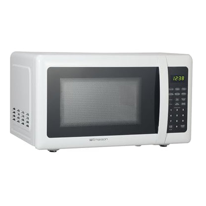 Emerson MW7302W Compact Countertop Microwave Oven with Touch Control, LED Display, 700W, 10 Power Levels, 6 Auto Menus, Glass Turntable and Child Safe Lock, 0.7 Cu., Ft. White