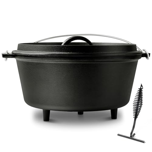 Blingco 10 QT Pre-Seasoned Cast Iron Camp Dutch Oven with Lid, Large Camping Dutch Oven Pot, incl. Lid Lifter - Dual Handles - for Outdoor Campfire, Grill, Oven&Stovetop Cooking - Black