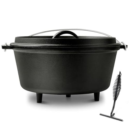 Blingco 10 QT Pre-Seasoned Cast Iron Camp Dutch Oven with Lid, Large Camping Dutch Oven Pot, incl. Lid Lifter - Dual Handles - for Outdoor Campfire, Grill, Oven&Stovetop Cooking - Black