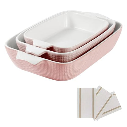 Fakafa Ceramic Casserole Dishes Set of 3, Stoneware Baking Pans for Oven, Rectangular Lasagna Dish & Bakeware Set, Pink (14.7’’/12.4’’/10.3’’)