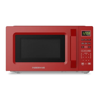 Farberware Countertop Microwave Oven, 700W, 0.7 Cu. Ft. Capacity, Compact Design with Turntable, Digital Display & Auto-Cook Functions, Red