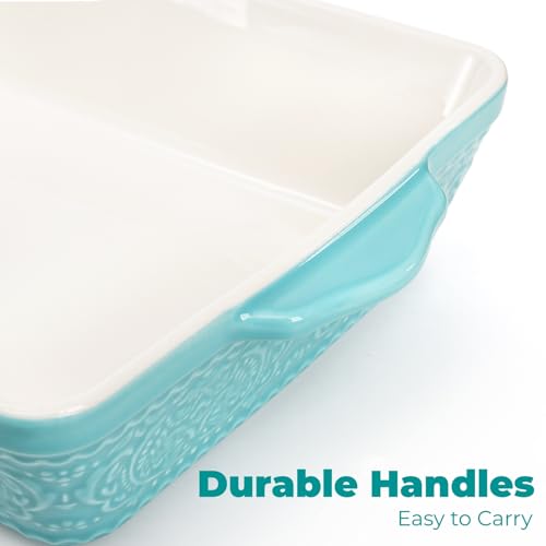 SOUJOY Ceramic Baking Dish Set of 3, Oven-to-Table and Non-Stick Rectangular Casserole Dishes with Sturdy Handles, Space-Saving Stack Lasagna Pan for Cooking, Serving, Roasting, Gifting, Turquoise