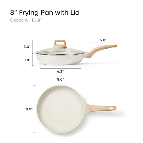 CAROTE 8 Inch Non Stick Frying Pan with Lid,White Granite Nonstick Skillet Omelet Pans, Egg Pan Granite Cookware, PFOS & PFOA Free