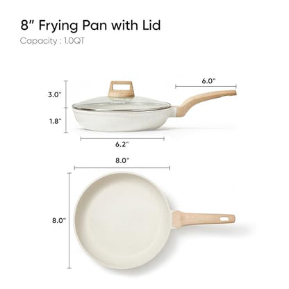 CAROTE 8 Inch Non Stick Frying Pan with Lid,White Granite Nonstick Skillet Omelet Pans, Egg Pan Granite Cookware, PFOS & PFOA Free