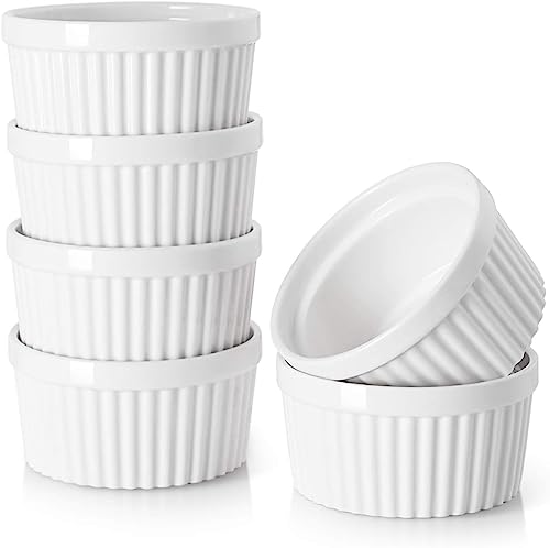 DOWAN Ramekins 6 oz Oven Safe for Creme Brulee Souffle, Porcelain Ramekin for Baking, Classic Style Small Bowls Souffle Dishes Custard Cups for Dipping Sauce, Set of 6, Soft White