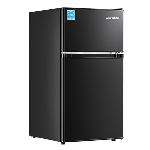 Upstreman 3.1 Cu.Ft Mini Fridge with Freezer, Double Door Small Fridge, Dorm Essentials, Adjustable Thermostat, Energy Saving, Mini Refrigerator for Office, Dorm, Bedroom, Black