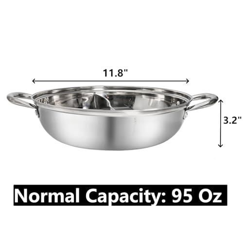 Peohud 304 Stainless Steel Hotpot Pot with Divider, 12 Inches Double-flavor Shabu Shabu Pot with Ladle and Slotted Spoon, Dual Sided Soup Cookware for Induction Cooktop Gas Stove