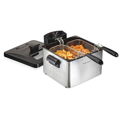 Hamilton Beach Electric Deep Fryer with 2 Baskets and Lid, 4.5 Liters / 19 Cups Oil Capacity, Temperature Control, View Window, Professional Style, 1800 Watts, Stainless Steel (35036)