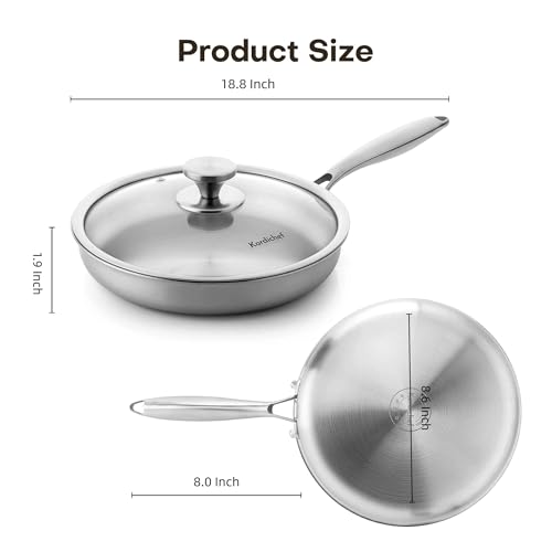 Kordichef 10 Inch Stainless Steel Frying Pan with Lid, Tri-Ply Healthy Stainless Steel Cookware, Pan, Skillet on Induction, Ceramic and Gas Cooktops, PFOA Free Cooking Pan, Dishwasher Safe