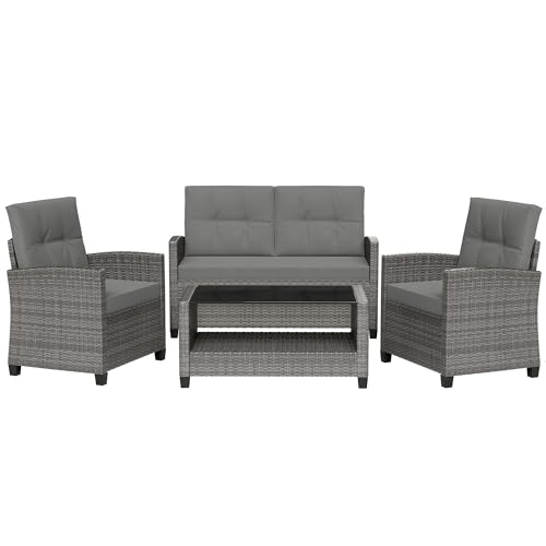 Shintenchi 4 Piece Patio Furniture Set, Outdoor Rattan Conversation Set with Coffee Table, Outside Wicker Sectional Sofa Couch with Cushion, Gray