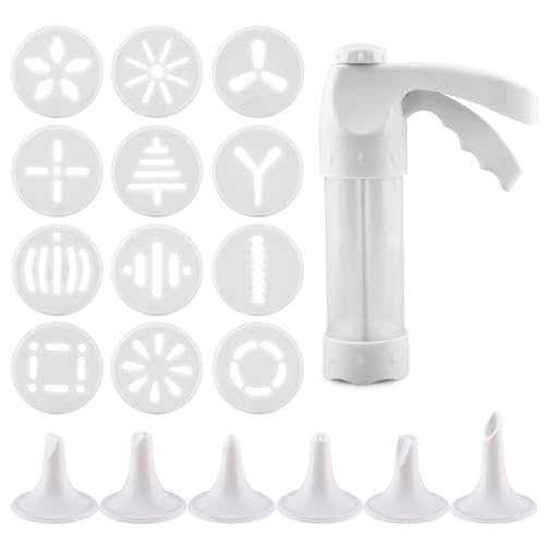 Cookie Press Gun, Icing Gun Kit with 12 Cookie Discs and 6 Piping Tips, Biscuit Maker Machine for DIY cake Maker Decorating Baking Supplies(White)