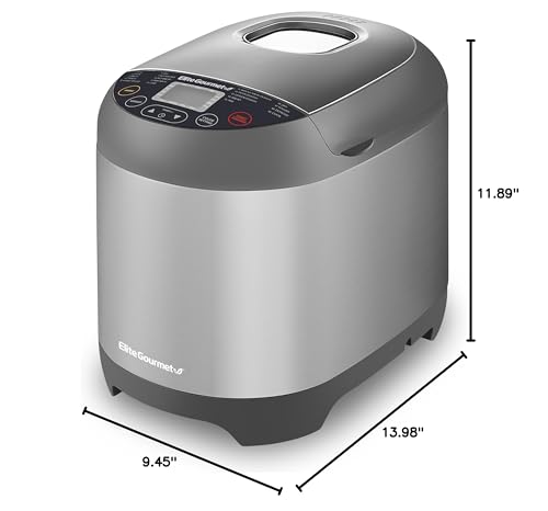 Elite Gourmet EBM8103SS Programmable Bread Maker Machine, 3 Loaf Sizes, 19 Menu Functions Gluten Free White Wheat Rye French and more, 2 Lb, Stainless Steel
