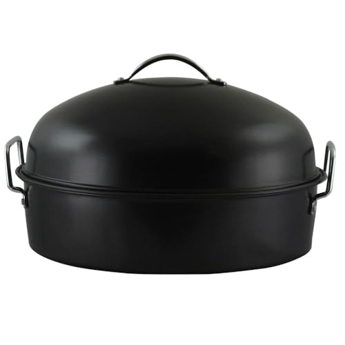 16 Inch Carbon Steel Roaster Pan with High Dome Lid and Rack – Oval Black Roasting Pan with Handles for Turkey, Chicken, Ham, and More