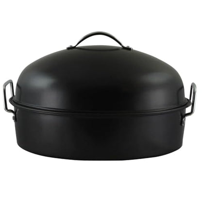 16 Inch Carbon Steel Roaster Pan with High Dome Lid and Rack – Oval Black Roasting Pan with Handles for Turkey, Chicken, Ham, and More