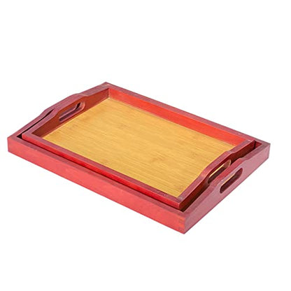 Wooden Serving Trays with Handle Set of 2 Bamboo Serving Trays Decorative Nesting Wood Platter Tabletop (Large 16x11.7x1.9 inches, Small 14x10.5x1.9 inches)