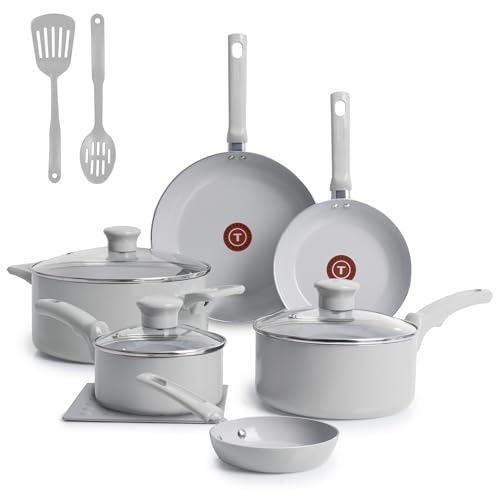 T-Fal Refresh Ceramic Nonstick Cookware Set, 12-Piece Ceramic Pots and Pans Set, Includes Stockpot, Griddle, Frying Pans, Utensils, Moon Grey