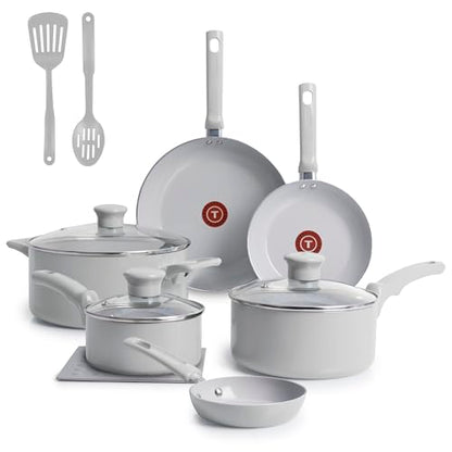 T-Fal Refresh Ceramic Nonstick Cookware Set, 12-Piece Ceramic Pots and Pans Set, Includes Stockpot, Griddle, Frying Pans, Utensils, Moon Grey