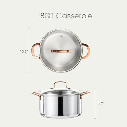 CAROTE 8 Qt Tri-Ply Stainless Steel Stockpot, Non-Toxic Stock Pot with Lid, Soup Pot for Pasta, Even Heating, Oven Safe, Induction, Ceramic and Gas Cooktops Compatible, Sliver, Mothers Day Gifts