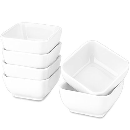 DELLING 6 Oz Porcelain Ramekins Set of 6, Square Souffle Dishes Oven Safe - White Ceramic Creme Brulee Ramekins for Baking, Dishwasher Microwave Freezer Safe Dessert Cups for Pudding Custard
