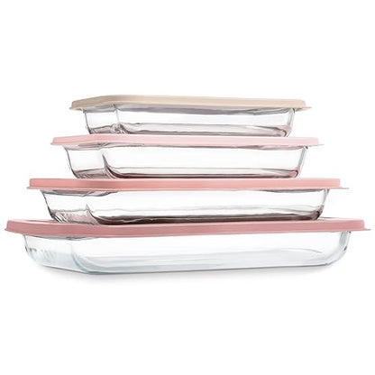 COOK WITH COLOR 8 PC. Glass Baking Dish Set with Lids - Deep Casserole Dish, Glass Food Container, Oven, Freezer and Microwave Safe, Clear Container, Pink