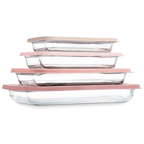 COOK WITH COLOR 8 PC. Glass Baking Dish Set with Lids - Deep Casserole Dish, Glass Food Container, Oven, Freezer and Microwave Safe, Clear Container, Pink