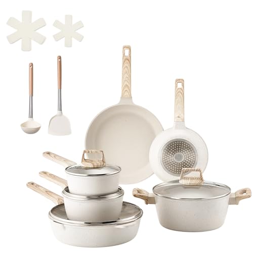 VEVOR 17 Piece Pots and Pans Set, Granite Nonstick Cookware Set, Induction Cookwares, Kitchen RV Cooking Sets with Frying, Sauce, Saute, Tempered Glass Lids, and Pan Protectors, White