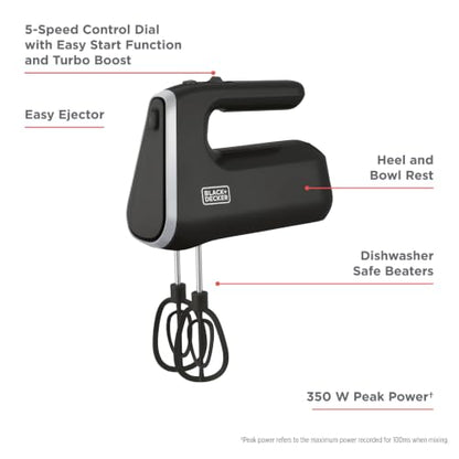 BLACK+DECKER Performance Helix 3.0 Hand Mixer, 350W, 5 Speeds, Black