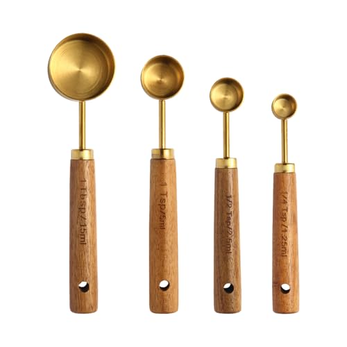 Gold Measuring Cups and Spoons Set of 4, Golden Stainless Steel Measuring Cups with Wooden Handles brass Measuring Spoons Set for Baking Supplies