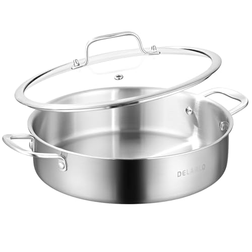 DELARLO 8QT Tri-Ply Stainless Steel Saute Pan With Lid, Jumbo Cooker 13 Inch Deep Frying Pan, Induction Large Skillet, Cooker Pan for Chefs, Dishwasher & Oven Safe