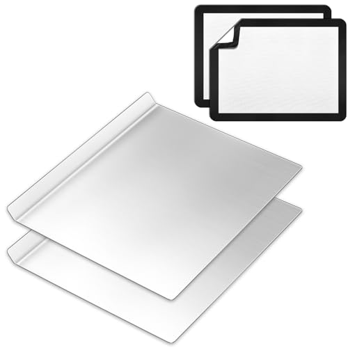 Ziliny 2 Pcs Large Flat Cookie Sheets No Edges and 2 Pcs Silicone Baking Mats Aluminum Cookie Pan with Baking Mats Reusable Rectangular Oven Trays for Cooking Desserts Cupcakes, 16" x 13"