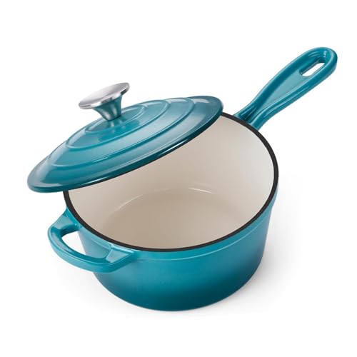 Maldira Enameled Saucepan with Lid, Non Stick Cast Iron Sauce Pan, Dutch Oven Pot (Peacock Blue, 2 Quarts)