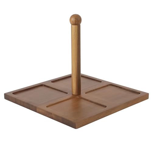 Gibson Elite 4-Piece Stoneware Tidbit, Condiment & Dip Dish Set with Acacia Wood Tray – Taupe Square Appetizer, Snack, Topping & Entertaining Server