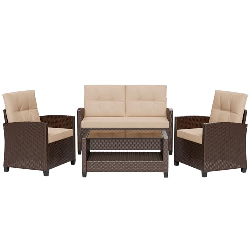 Shintenchi 4 Piece Patio Furniture Set, Outdoor Rattan Conversation Set with Coffee Table, Outside Wicker Sectional Sofa Couch with Cushion, Brown and Khaki