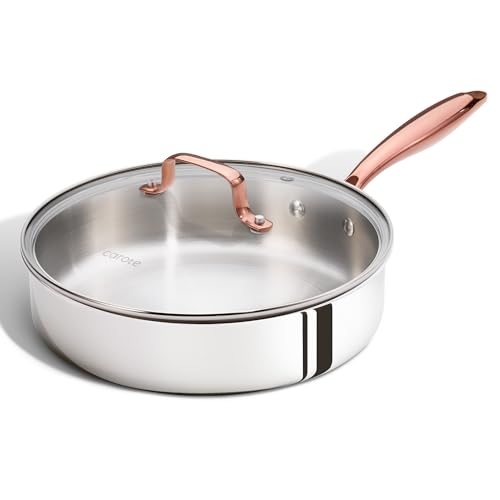 CAROTE 10" Tri-Ply Stainless Steel Deep Frying Pan with Lid, Non-Toxic Saute Pan, Oven Safe, Induction, Ceramic and Gas Cooktops Compatible, Silver
