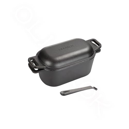 OLLAKOK 2-in-1 Pre-Seasoned Cast Iron Dutch Oven Pot with Lid as Skillet, Grill Pan, with Lid Lever, Dual Loop Handles, Oval Heavy Dutch Oven for Bread Baking, Frying, Camping, BBQ, 3.8 QT Black