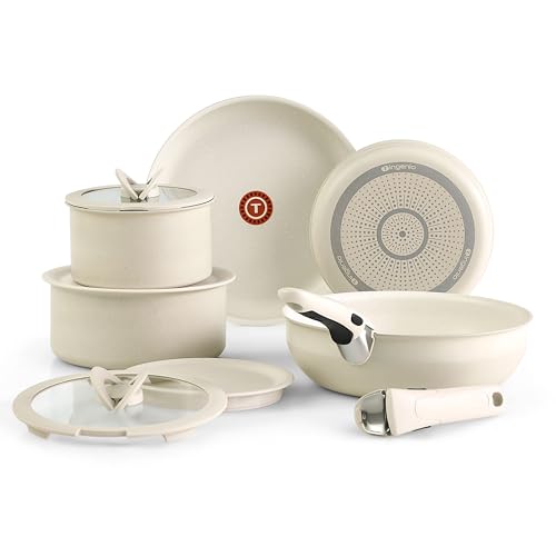 T-fal Ingenio Essentials Cookware Set with Detachable/Removable Handle 11 Piece, Granite Titanium Non Stick, Oven Broiler Safe 500F, Stackable, Pots and Pans Set, Frying Pans, Dishwasher Safe, Beige