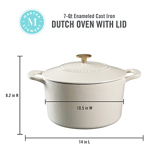 MARTHA STEWART Gatwick 7-Quart Enamel Cast Iron Dutch Oven – Linen White With Gold – Heavy-Duty Dutch Oven for Slow Cooking, Braising & Baking