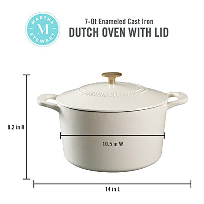 MARTHA STEWART Gatwick 7-Quart Enamel Cast Iron Dutch Oven – Linen White With Gold – Heavy-Duty Dutch Oven for Slow Cooking, Braising & Baking