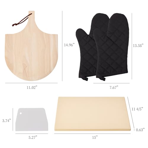 ROCKSHEAT Pizza Stone Set, 15"x12" Rectangular Pizza Stone for Oven Grill BBQ with Wooden Pizza Peel & Oven Mitts, Cordierite Baking Stone for Bread, Unique Built-in 4 Handles Cooking Stone